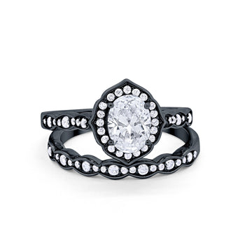 Two Piece Vintage Style Black, Tone Simulated CZ Wedding Ring 925 Sterling Silver